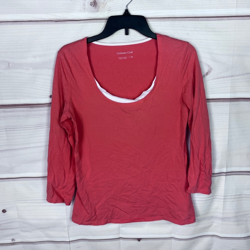 Coldwater Creek Top Womens XS Orange 3/4 Sleeve‎ T-Shirt Layered Look Scoop Neck